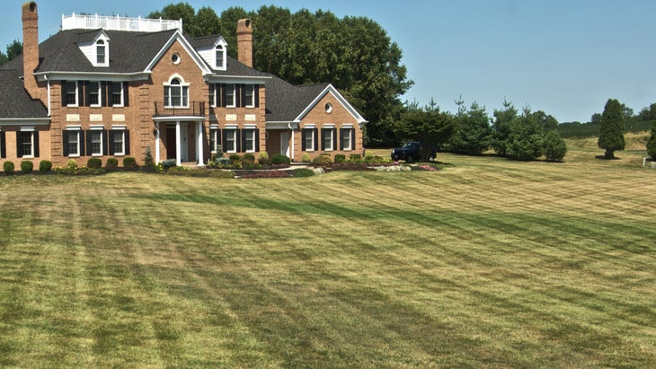 A brick house with a large manicured green lawn that is in dire need of rewilding