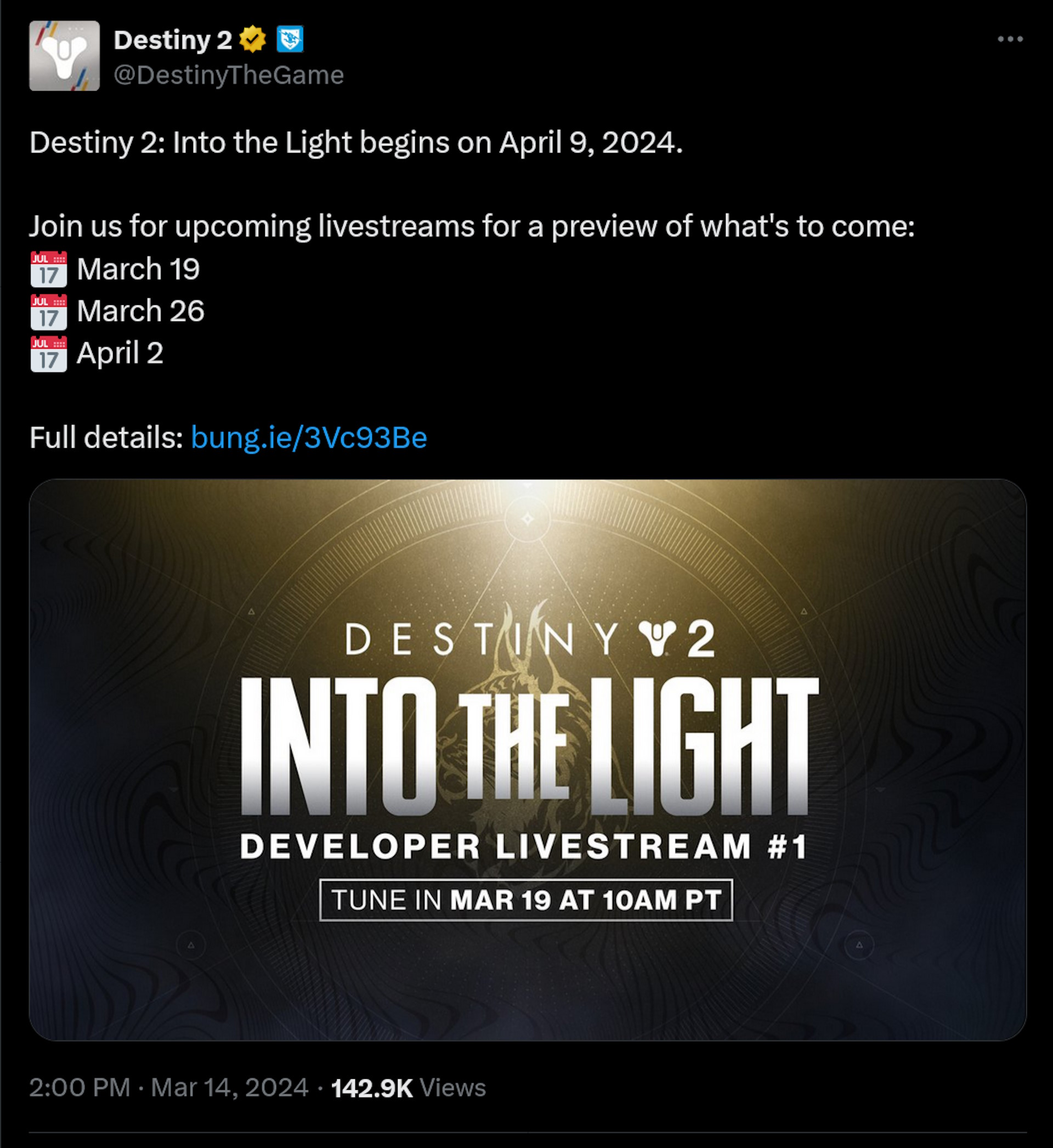 Destiny 2: Into the Light begins on April 9, 2024.  Join us for upcoming livestreams for a preview of what's to come:  March 19  March 26  April 2  Full details: http://bung.ie/3Vc93Be